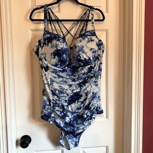 Navy blue and white tie-dyed one piece swimsuit